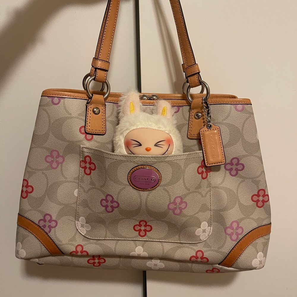 Coach Beige and Tan Shoulder Bag with Floral Accents